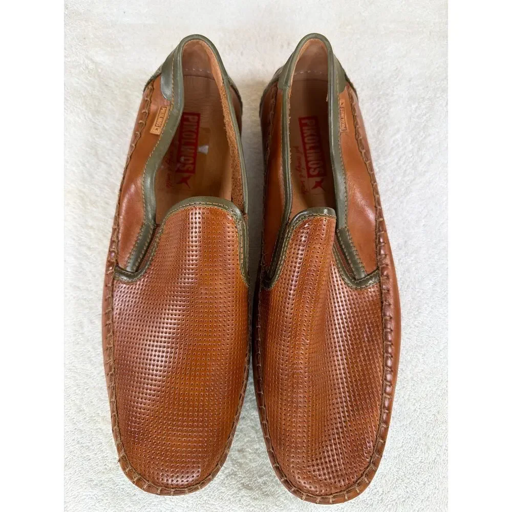 Pikolinos Conil Men's Perforated Leather Loafers Brandy Brown Green EU42/US8.5